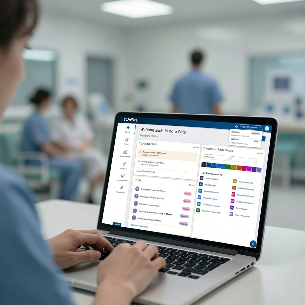 CAQH healthcare dashboard welcome screen on a laptop in a clinical setting.